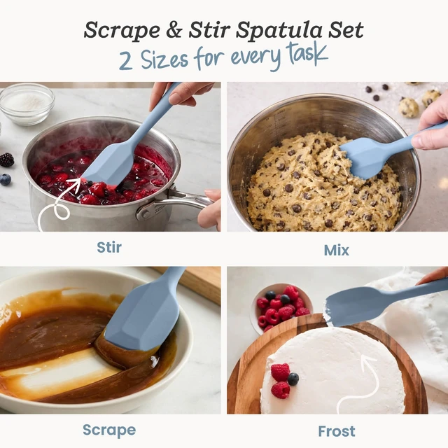 Alt view image 2 of 7 - Scrape and Stir' Silicone Rubber Spatula Set (4-Piece) - LFGB Non Toxic, 600°F Heat Resistant, BPA-Free, One-Piece Kitchen Baking Spatulas - Dishwasher Safe for Nonstick Cookware Light Blue