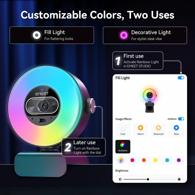 Alt view image 3 of 7 - S600L 4K Webcam for Streaming with Ring Light, 1/2" Sensor, 0.2S PDAF | 4 Lighting Modes, Rainbow Effect, 2 Mics, Dial Control, 4K Webcam with Light for OBS/Twitch/YouTube/Zoom/PC/Mac