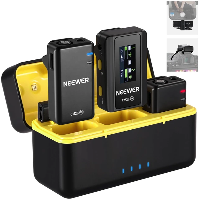 Main image of NEEWER CM28 Wireless Lavalier Microphone, Smart Noise Cancelling Lav Mic, 48KHz/16Bit 9hrs Uncompressed Recording, 200m Range, 4GB Storage for iPhone, Android, Camera, 1 RX + 2 TX + Charging Case