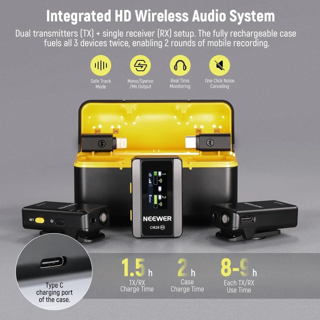 Alt view image 2 of 7 - NEEWER CM28 Wireless Lavalier Microphone, Smart Noise Cancelling Lav Mic, 48KHz/16Bit 9hrs Uncompressed Recording, 200m Range, 4GB Storage for iPhone, Android, Camera, 1 RX + 2 TX + Charging Case