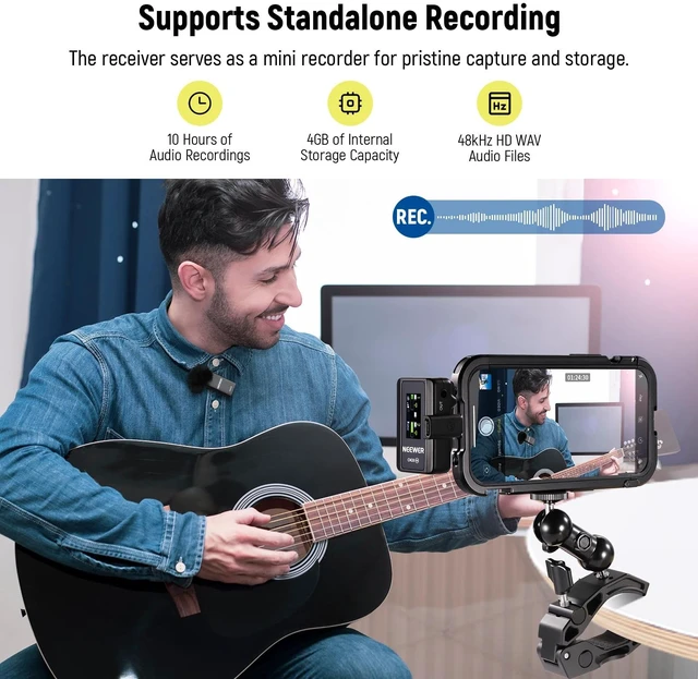 Alt view image 3 of 7 - NEEWER CM28 Wireless Lavalier Microphone, Smart Noise Cancelling Lav Mic, 48KHz/16Bit 9hrs Uncompressed Recording, 200m Range, 4GB Storage for iPhone, Android, Camera, 1 RX + 2 TX + Charging Case