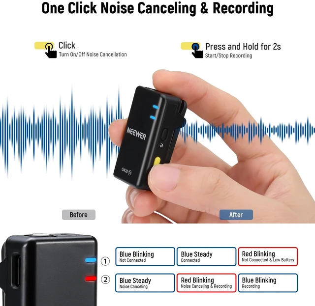 Alt view image 4 of 7 - NEEWER CM28 Wireless Lavalier Microphone, Smart Noise Cancelling Lav Mic, 48KHz/16Bit 9hrs Uncompressed Recording, 200m Range, 4GB Storage for iPhone, Android, Camera, 1 RX + 2 TX + Charging Case