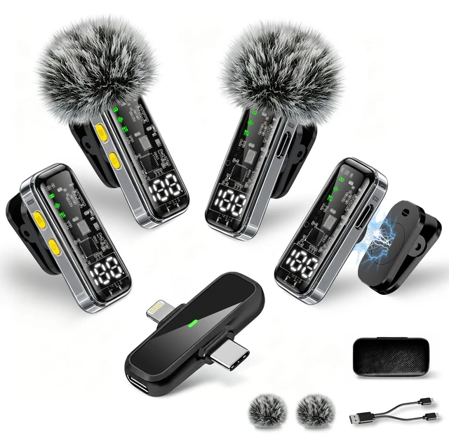 Main image of 4-Pack Wireless Mini Lavalier Microphones for iPhone Android iPad | Noise Reduction & LED Digital Display, Magnetic Mini Mic for Video Recording Vlogging YouTube Podcast Interview