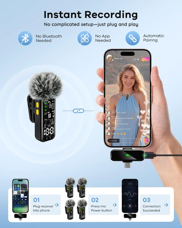 Alt view image 6 of 7 - 4-Pack Wireless Mini Lavalier Microphones for iPhone Android iPad | Noise Reduction & LED Digital Display, Magnetic Mini Mic for Video Recording Vlogging YouTube Podcast Interview