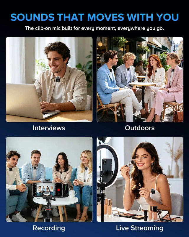 Alt view image 6 of 7 - 4 Pack Wireless Lavalier Microphone for iPhone Android & Camera | Mini Mics with AI Noise Reduction, 40H Battery for 4-Person Interviews, Video Recording, Podcasts, YouTube, TikTok, Vlogging