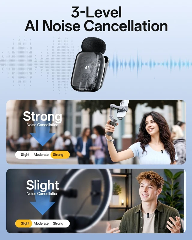 Alt view image 3 of 7 - Mini Wireless Lavalier Microphone for iPhone Vlogging | 3-Level Noise Cancelling,for iphone ipad Android,33H Working Time,Mini Clip Mic for YouTube,Video Recording,Tiktok