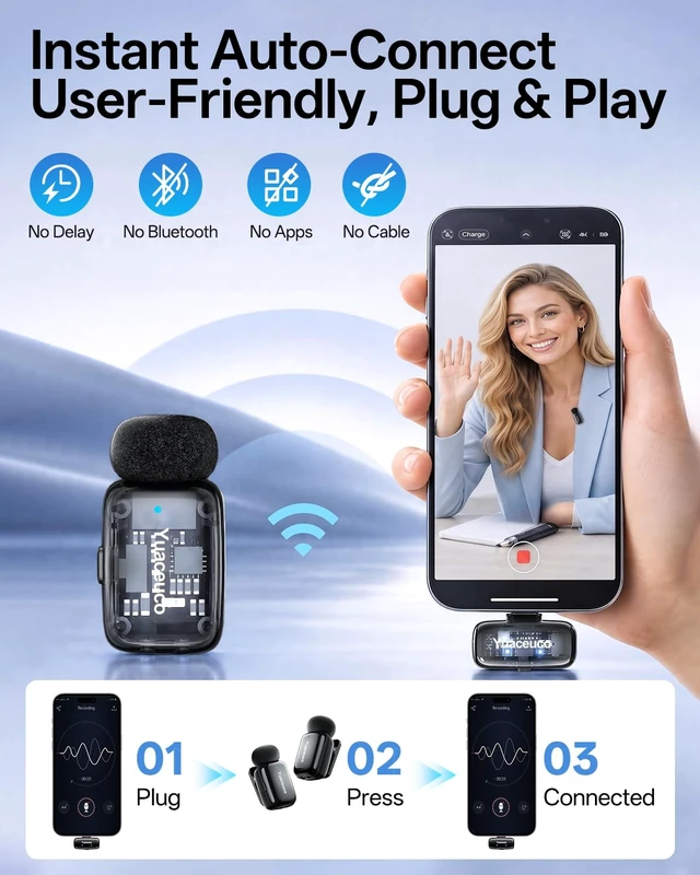 Alt view image 5 of 7 - Mini Wireless Lavalier Microphone for iPhone Vlogging | 3-Level Noise Cancelling,for iphone ipad Android,33H Working Time,Mini Clip Mic for YouTube,Video Recording,Tiktok