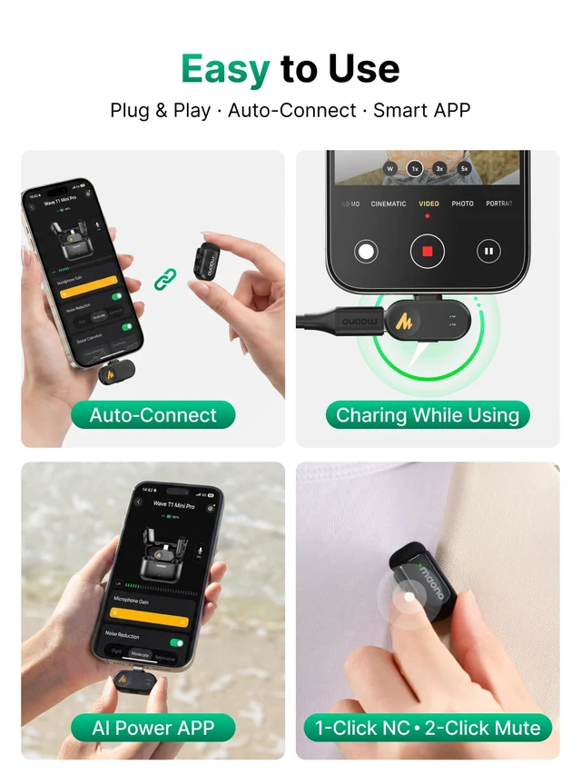 Alt view image 5 of 7 - T1 Mini Pro Wireless Lavalier Microphone for Video Content Creators | USB-C Clip on Lapel Mic for iPhone 17/16/15 Android PC, AI Noise Cancelling, 4EQ,3 Reverb, 328ft, 30H for YouTube Vlog Record