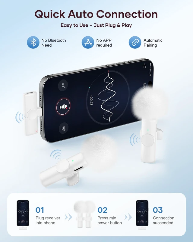 Alt view image 2 of 7 - Wireless Microphone for iPhone iPad and Android Phone, 2 Pack Wireless Lavalier Lapel Mic with Noise Reduction, Plug and Play Mini Microphone for Video Recording Interview YouTube TikTok Vlog (White)