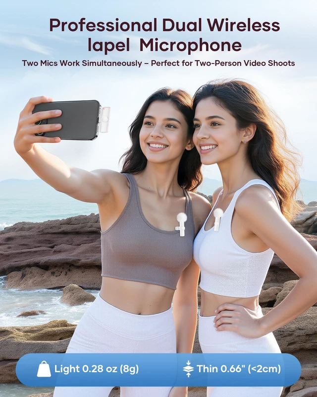 Alt view image 7 of 7 - Wireless Microphone for iPhone iPad and Android Phone, 2 Pack Wireless Lavalier Lapel Mic with Noise Reduction, Plug and Play Mini Microphone for Video Recording Interview YouTube TikTok Vlog (White)