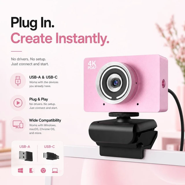 Alt view image 5 of 7 - 4K UHD Webcam with Microphone, Auto Focus Streaming Web Camera, Noise Canceling Mic, Auto Light Correction, USB Plug & Play Privacy Cover Webcam for PC Laptop Desktop Zoom Meeting Gaming