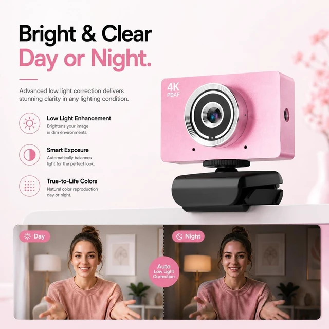 Alt view image 6 of 7 - 4K UHD Webcam with Microphone, Auto Focus Streaming Web Camera, Noise Canceling Mic, Auto Light Correction, USB Plug & Play Privacy Cover Webcam for PC Laptop Desktop Zoom Meeting Gaming