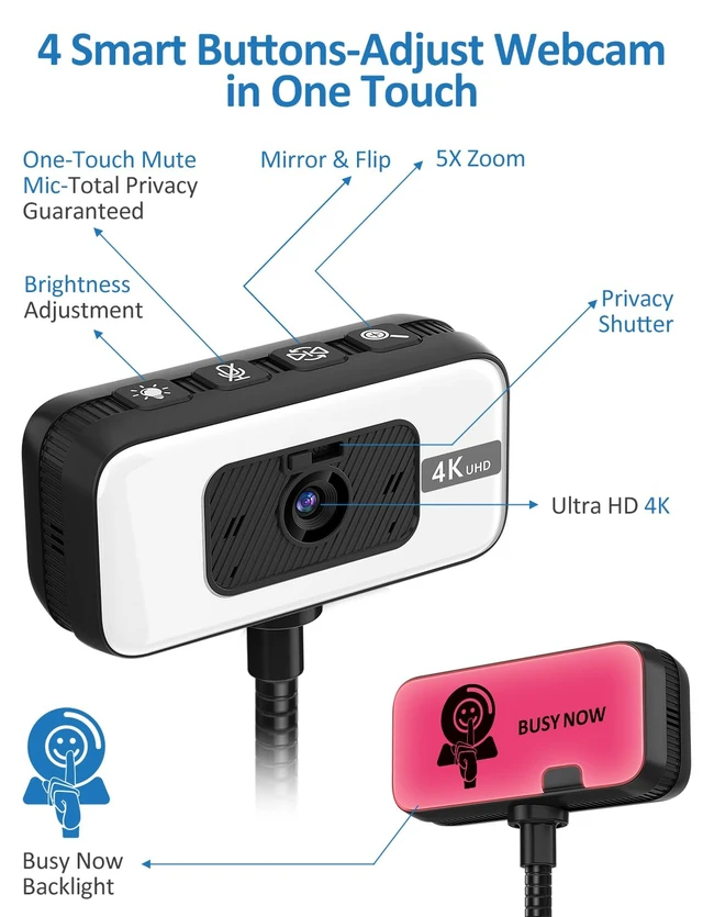 Alt view image 5 of 7 - Webcam for PC, 4K 30 FPS Streaming Camera with Light, for Desktop/Laptop | Computer Webcam with Microphone, Plug and Play USB Web Cam with Bracket, for Zoom Team Google Meet Webex OBS