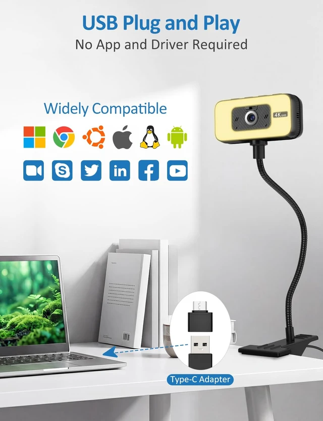 Alt view image 7 of 7 - Webcam for PC, 4K 30 FPS Streaming Camera with Light, for Desktop/Laptop | Computer Webcam with Microphone, Plug and Play USB Web Cam with Bracket, for Zoom Team Google Meet Webex OBS