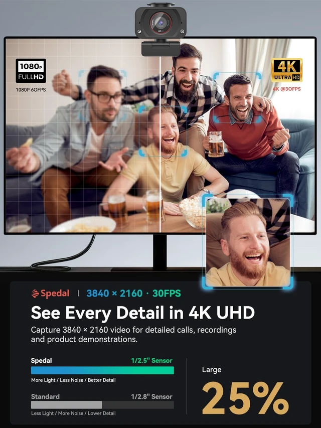 Alt view image 2 of 7 - 4K Webcam for PC, 1/2.5" Sensor, 1080P 60FPS, PDAF Autofocus, 2 Mics | 4K 30FPS, 78° FOV, PDAF Autofocus, Dual Noise-Reducing Mics, Magnetic Privacy Cover, USB-A, Meetings Stream & Online Class