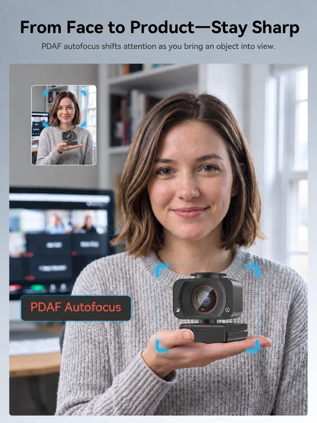 Alt view image 4 of 7 - 4K Webcam for PC, 1/2.5" Sensor, 1080P 60FPS, PDAF Autofocus, 2 Mics | 4K 30FPS, 78° FOV, PDAF Autofocus, Dual Noise-Reducing Mics, Magnetic Privacy Cover, USB-A, Meetings Stream & Online Class