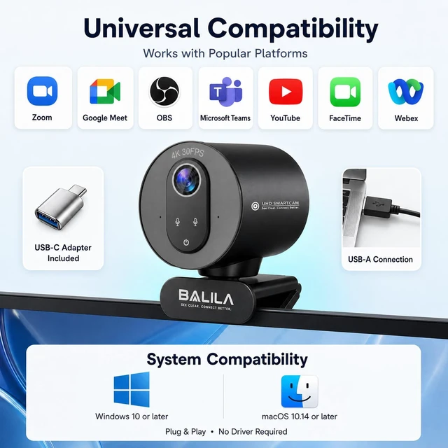 Alt view image 7 of 7 - S900 4K Webcam, PDAF Auto Focus, Dual Noise-Canceling Mics | 77° FOV Streaming Camera for Live Commerce, Gaming, Video Conference