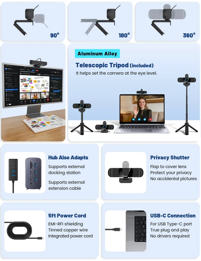 Alt view image 3 of 7 - Pro UHD 4K/30fps Webcam with Tripod, External USB-C Camera for PC/Laptop | Dual noise-cancelling mics | Auto-focus | Wide-angle | Low-light correction | 360° rotation | CMOS sensor | Plug and Play