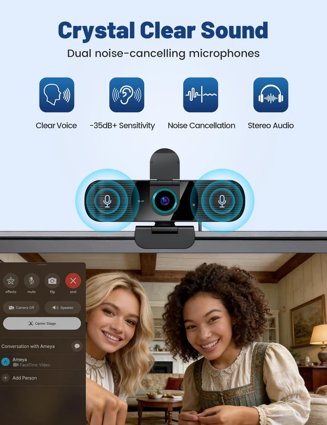Alt view image 5 of 7 - Pro UHD 4K/30fps Webcam with Tripod, External USB-C Camera for PC/Laptop | Dual noise-cancelling mics | Auto-focus | Wide-angle | Low-light correction | 360° rotation | CMOS sensor | Plug and Play