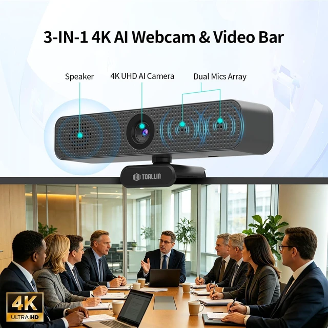 Alt view image 2 of 7 - 4K All-in-One Webcam with Microphones and Speaker, AI Auto Framing | 5X Zoom, Touch Control, WDR/HDR, Video Bar, Conference Room Camera for Meetings, Streaming, Video Calls