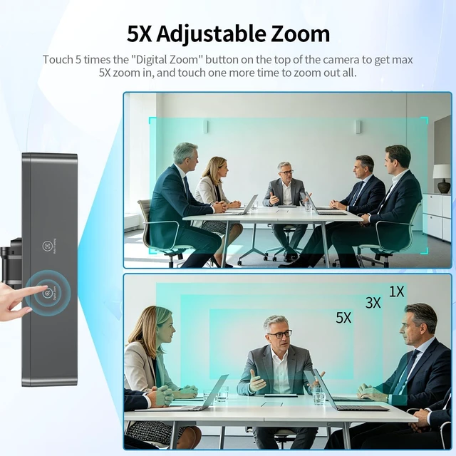 Alt view image 6 of 7 - 4K All-in-One Webcam with Microphones and Speaker, AI Auto Framing | 5X Zoom, Touch Control, WDR/HDR, Video Bar, Conference Room Camera for Meetings, Streaming, Video Calls