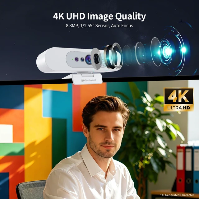 Alt view image 3 of 7 - 4K Webcam for PC, Compatible with Windows Hello, 8.3MP UHD 1/2.55 CMOS | Facial Recognition Camera, Built-in Noise-reducing Microphone, Sliding Privacy Cover, USB Webcam