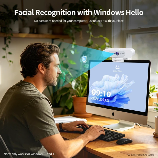 Alt view image 2 of 7 - 4K Webcam for PC, Compatible with Windows Hello, 8.3MP UHD 1/2.55 CMOS | Facial Recognition Camera, Built-in Noise-reducing Microphone, Sliding Privacy Cover, USB Webcam