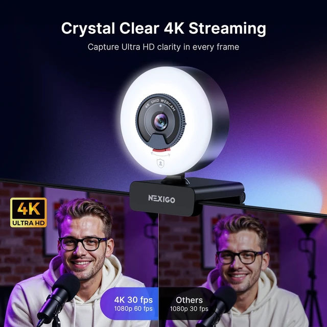 Alt view image 2 of 7 - N960E Plus 4K Webcam with Ring Light & RF Remote, ToF Autofocus, OSD Menu, 1080p 60FPS, 4X Digital Zoom, Noise-Canceling Mics, Privacy Cover, USB Web Camera for Streaming, Video Calls& Meetings