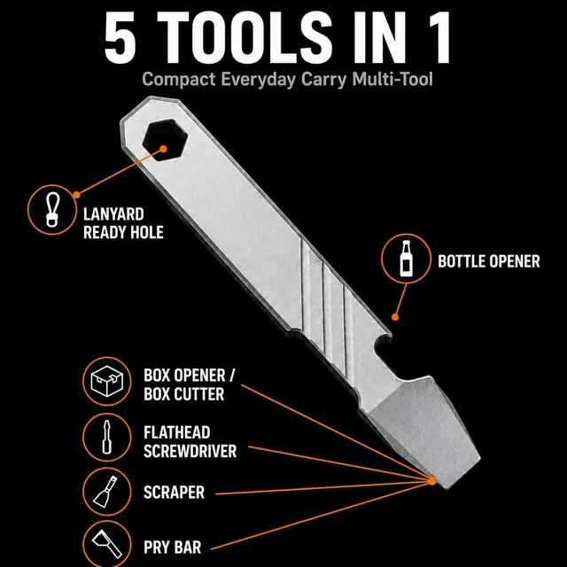Alt view image 3 of 6 - Titanium EDC Pry Bar Tool 4 Pocket Prybar with Bottle Opener, Flathead Screwdriver, Box Opener & Scraper Compact Multi Tool for Everyday Carry