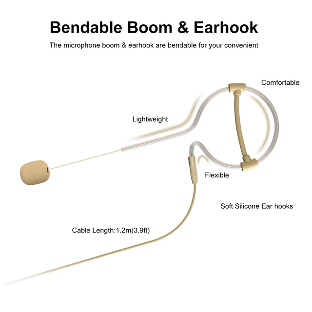 Alt view image 6 of 7 - Earset Headworn Microphone, Professional Hands Free Single Earhook Omnidirectional Headset Head Condenser Mic for Audio Technica Wireless System Bodypack Transmitter, Hirose 4 Pin Plug