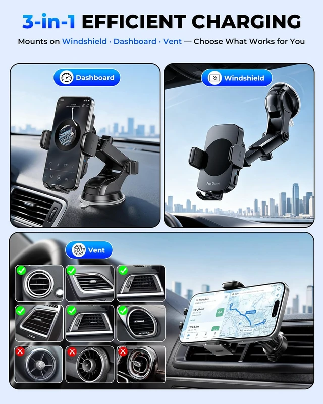 Alt view image 3 of 7 - 3-in-1 Wireless Car Charger Mount, 15W Fast Charging Auto-Clamping Phone Holder for iPhone 17 16 15 14, Samsung Galaxy S24 S23, Dashboard, Vent & Windshield Car Mount