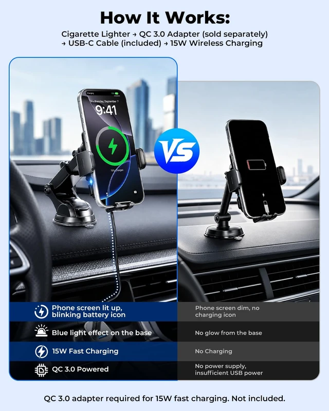 Alt view image 5 of 7 - 3-in-1 Wireless Car Charger Mount, 15W Fast Charging Auto-Clamping Phone Holder for iPhone 17 16 15 14, Samsung Galaxy S24 S23, Dashboard, Vent & Windshield Car Mount
