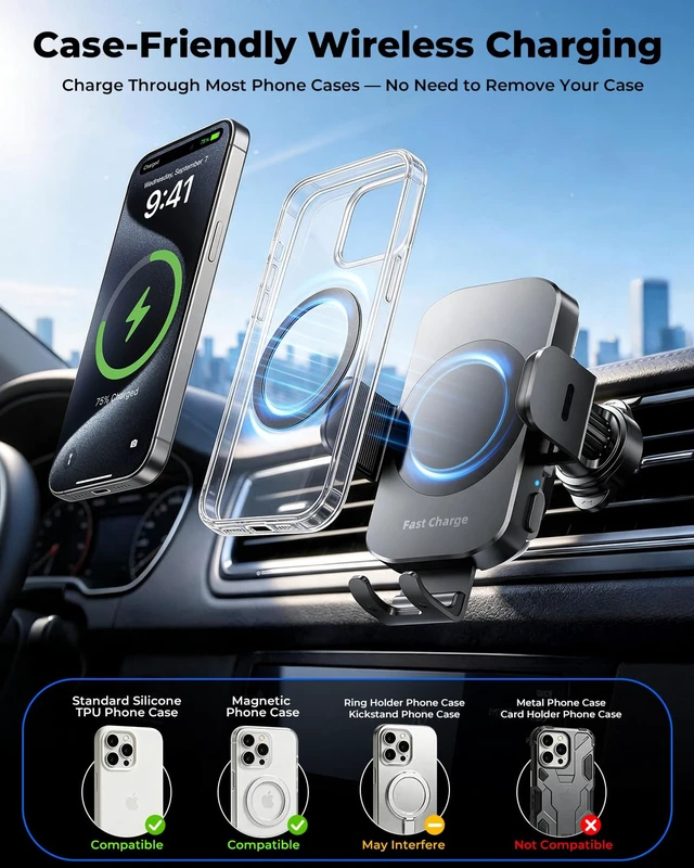 Alt view image 4 of 7 - 3-in-1 Wireless Car Charger Mount, 15W Fast Charging Auto-Clamping Phone Holder for iPhone 17 16 15 14, Samsung Galaxy S24 S23, Dashboard, Vent & Windshield Car Mount