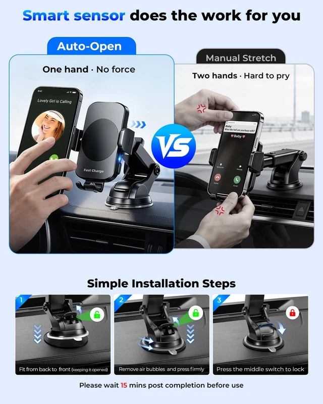 Alt view image 7 of 7 - 3-in-1 Wireless Car Charger Mount, 15W Fast Charging Auto-Clamping Phone Holder for iPhone 17 16 15 14, Samsung Galaxy S24 S23, Dashboard, Vent & Windshield Car Mount