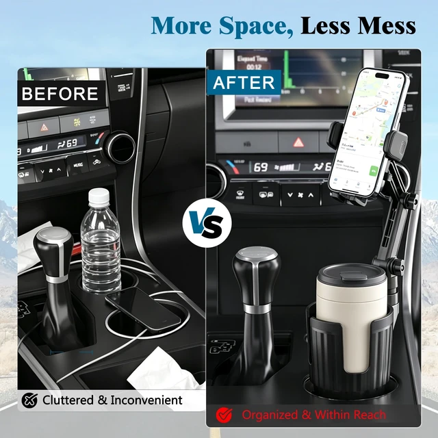 Alt view image 2 of 7 - 2-in-1 Cup Holder Phone Mount, Adjustable Phone Cup Holder for Car | Quick-Install, Anti-Slip, Fits Most Smartphones, Compatible with Big Bottles