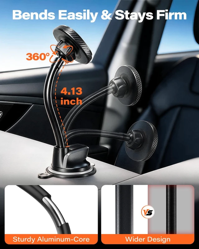 Alt view image 4 of 7 - Magnetic Phone Holder for Car, Windshield Suction Cup Mount | Rock-Solid on Rough Roads 4.13" Shock-Absorbing Arm, 17 Powerful Magnets & 45-LB Suction
