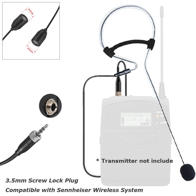 Alt view image 6 of 6 - Black Single Earset Headset Microphone Compatible with Sennheiser | Headworn Over Ear Hanging Condenser Mic for Wireless Bodypack Transmitter System with 3.5mm Female Screw Plug
