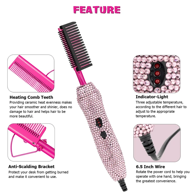 Alt view image 2 of 7 - Deluxe Electric Hair Straightener and Curling Comb for Natural Hair and Wigs, 450°F Heat Pressing Comb with Anti-Scald Case (Pink)