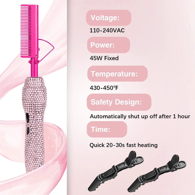 Alt view image 3 of 7 - Deluxe Electric Hair Straightener and Curling Comb for Natural Hair and Wigs, 450°F Heat Pressing Comb with Anti-Scald Case (Pink)