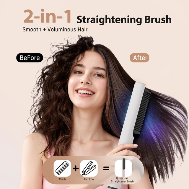 Alt view image 2 of 7 - Hair Straightener Brush, 100-240V Dual Voltage Straightener Brush | Ionic Straightener Comb for Women, Ceramic Electric Hot Comb Flat Iron, Auto Temp Lock&Auto-Off Function, Global Use
