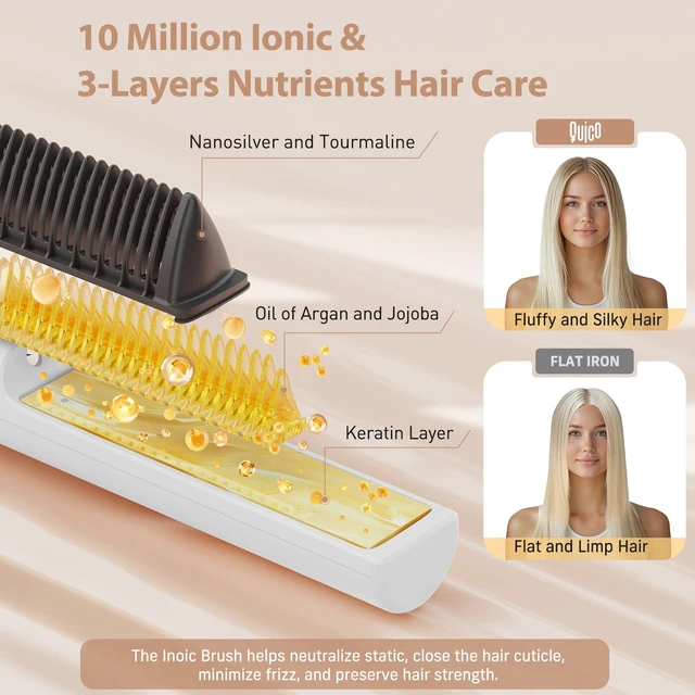 Alt view image 3 of 7 - Hair Straightener Brush, 100-240V Dual Voltage Straightener Brush | Ionic Straightener Comb for Women, Ceramic Electric Hot Comb Flat Iron, Auto Temp Lock&Auto-Off Function, Global Use
