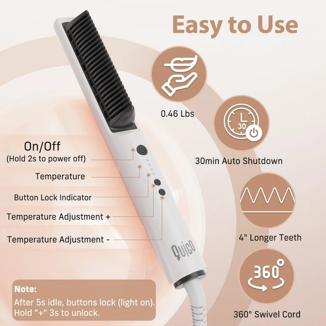 Alt view image 7 of 7 - Hair Straightener Brush, 100-240V Dual Voltage Straightener Brush | Ionic Straightener Comb for Women, Ceramic Electric Hot Comb Flat Iron, Auto Temp Lock&Auto-Off Function, Global Use