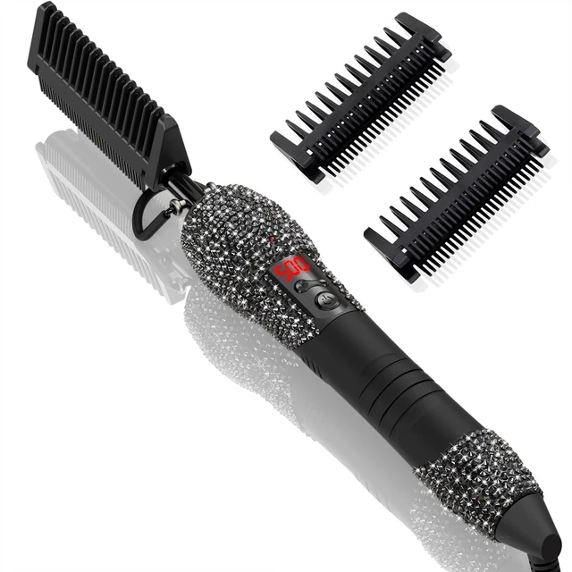 Main image of LCD Screen Digital Display Diamond Shaped Hot Comb, Black, 13.1 x 2.3 inches, 500 Degree Plug in Hot Comb with Adjustable Temperatures, Temperature Lock, Suitable for All Hair Types