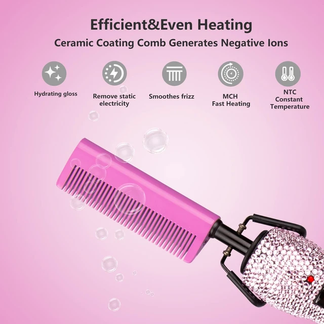 Alt view image 2 of 6 - Pink 180-500°F Hot Comb Electric for Wigs,Straightening Comb for African American Hair,Pressing Combs,Bling Diamonds Hair Straightener Brush for Women