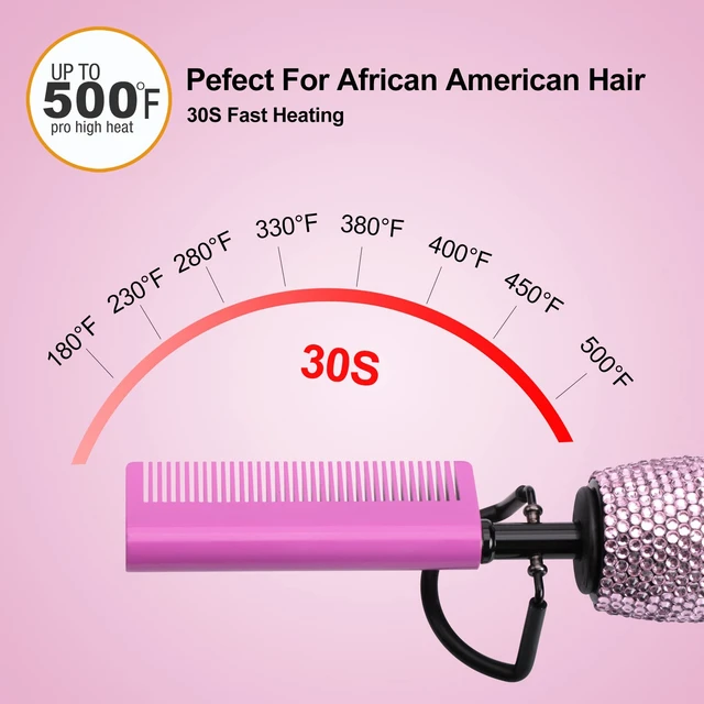 Alt view image 4 of 6 - Pink 180-500°F Hot Comb Electric for Wigs,Straightening Comb for African American Hair,Pressing Combs,Bling Diamonds Hair Straightener Brush for Women