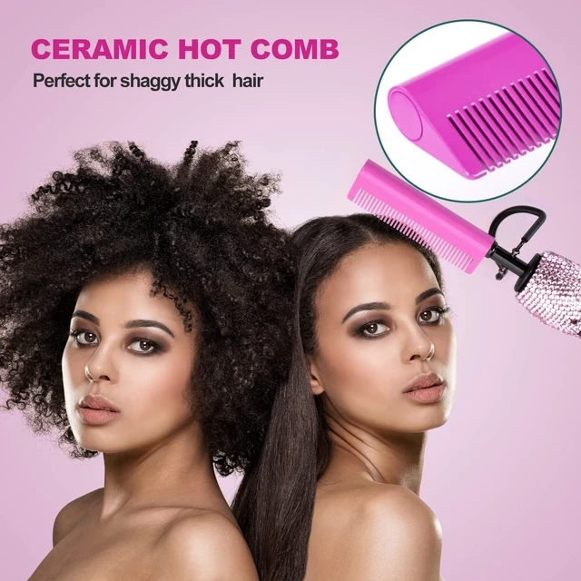 Alt view image 5 of 6 - Pink 180-500°F Hot Comb Electric for Wigs,Straightening Comb for African American Hair,Pressing Combs,Bling Diamonds Hair Straightener Brush for Women