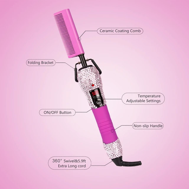 Alt view image 6 of 6 - Pink 180-500°F Hot Comb Electric for Wigs,Straightening Comb for African American Hair,Pressing Combs,Bling Diamonds Hair Straightener Brush for Women