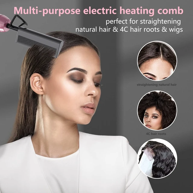 Alt view image 7 of 7 - 500 Degree Temperature Adjustable Ceramic Heat Comb with 60 min Shut Off - Plug-in Electric Straightener for Wigs and Natural Black Hair, Pink