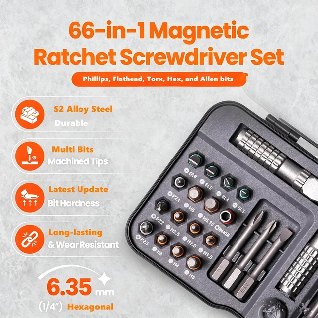 Alt view image 5 of 7 - 66 in 1 Ratchet Screwdriver Set Ratchet Allen Wrench Set S2 Steel Bits | DIY Combination Flexible Shaft Magnetic Screwdriver Sets Ratcheting Handle, Extension Bar T-Handle, Multi Bit Tool Kit