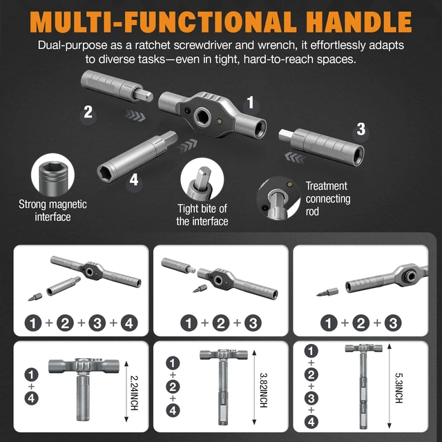 Alt view image 2 of 7 - 42 in 1 Magnetic Ratchet Screwdriver Set, DIY Ratchet Screwdriver Set, Multi Bit Magnetic Drive Set with Detachable Ratchet Handle, Portable Gray Repair Tool Kit for Furniture, Computer, Bicycle